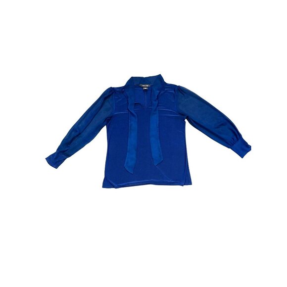 Adele May Navy Blouse Large Sheer Sleeve Tie Neck Keyhole Romantic Soft Glam - Picture 9 of 10